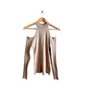 U2B Cold Shoulder Sweater Tan Ribbed Knit Long Sleeved Women's L